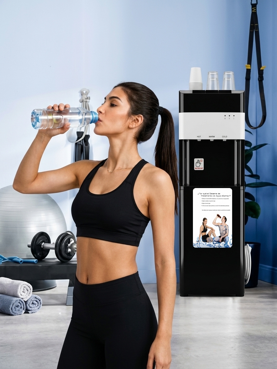 Socia utilizando el punto de hidratación en el gimnasio